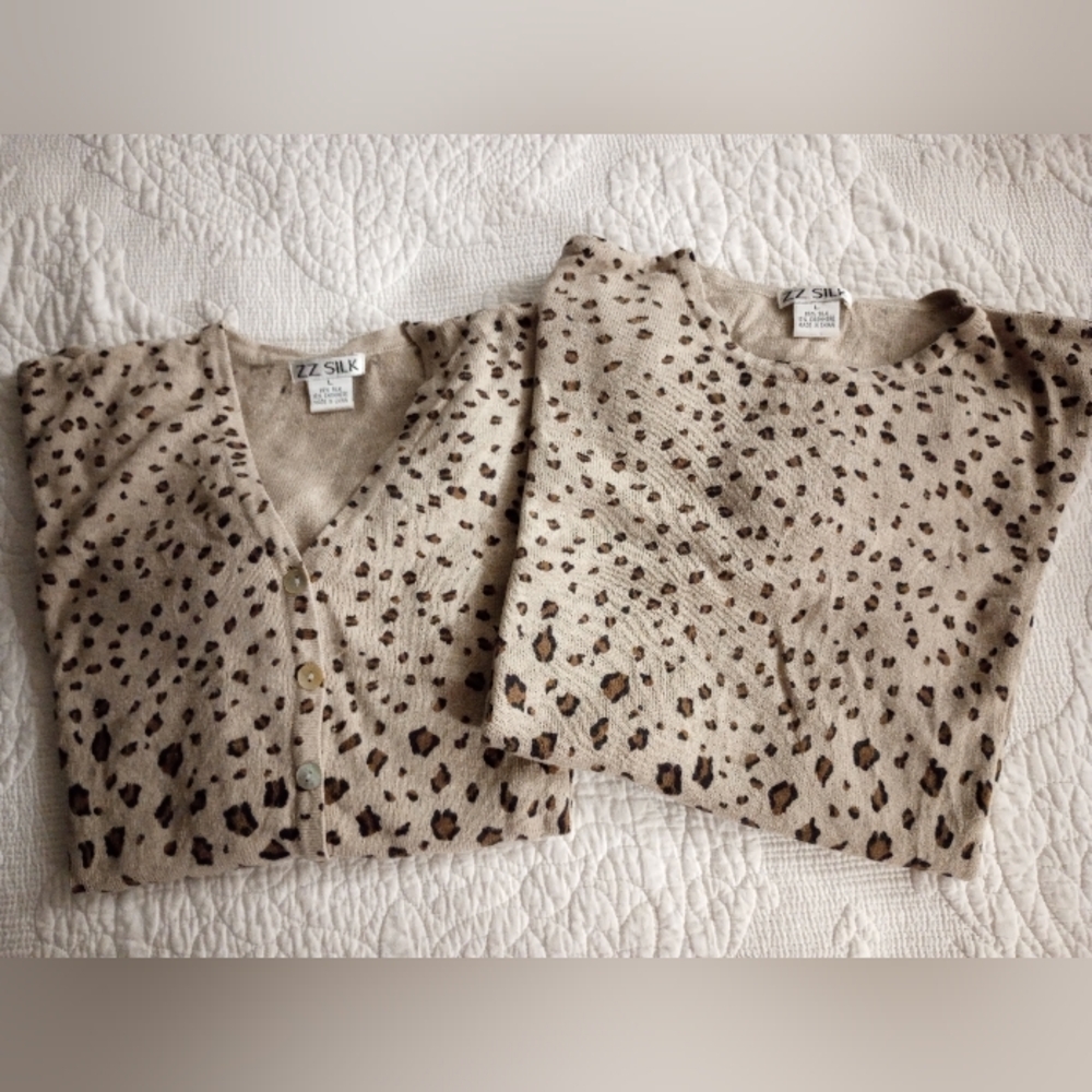 🍫🍪🤎 ZZ Silk Leopard Print Cardigan and Sweater Set